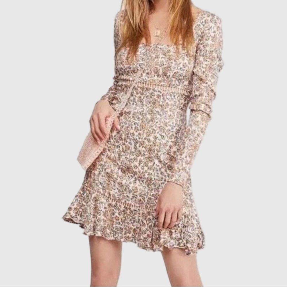 Free People Boheme Long Sleeve Square Neck Mini Dress in Ivory Floral | Size 6